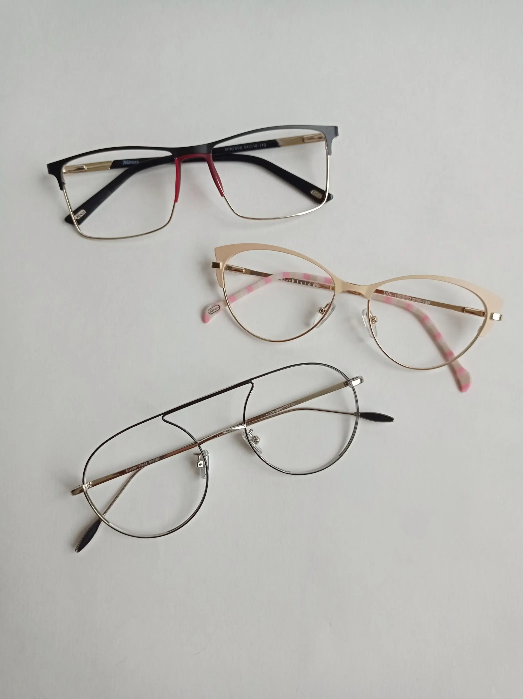 Three pairs of frames, flat lay
